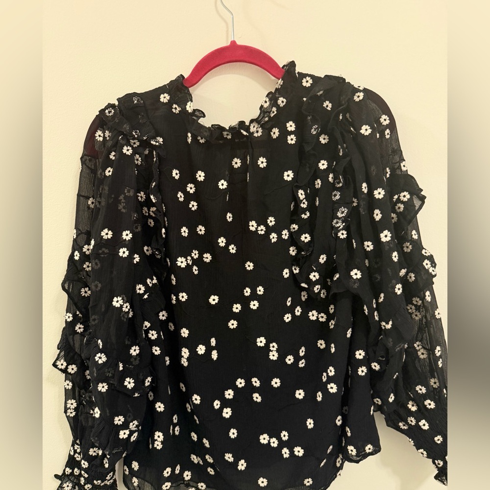 Rebecca Taylor Alessandra Ruffle Floral Blouse | Black | Size 4 - Picture 6 of 6